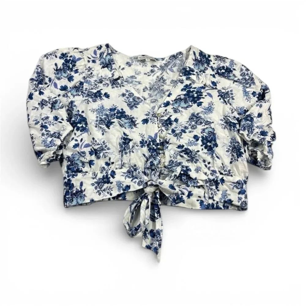 Cupcakes And Cashmere Linen Cropped Top Tie Hem Puff Sleeve Cottagecore Shirt M